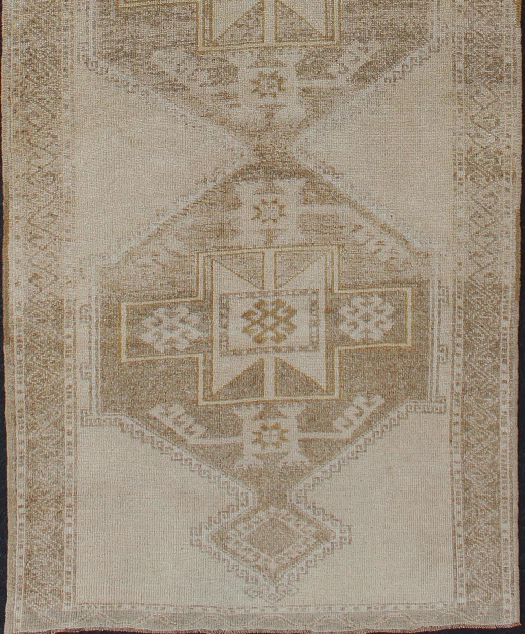 Turkish Vintage Oushak Gallery Runner with Three Medallion Design in Taupe, Light Brown For Sale