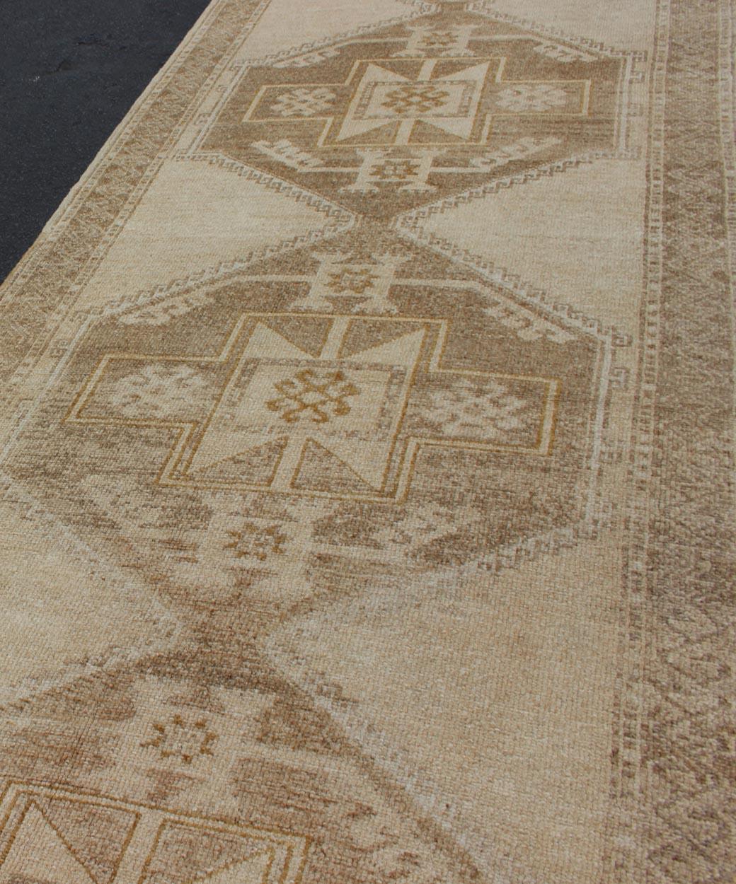 Hand-Knotted Vintage Oushak Gallery Runner with Three Medallion Design in Taupe, Light Brown For Sale