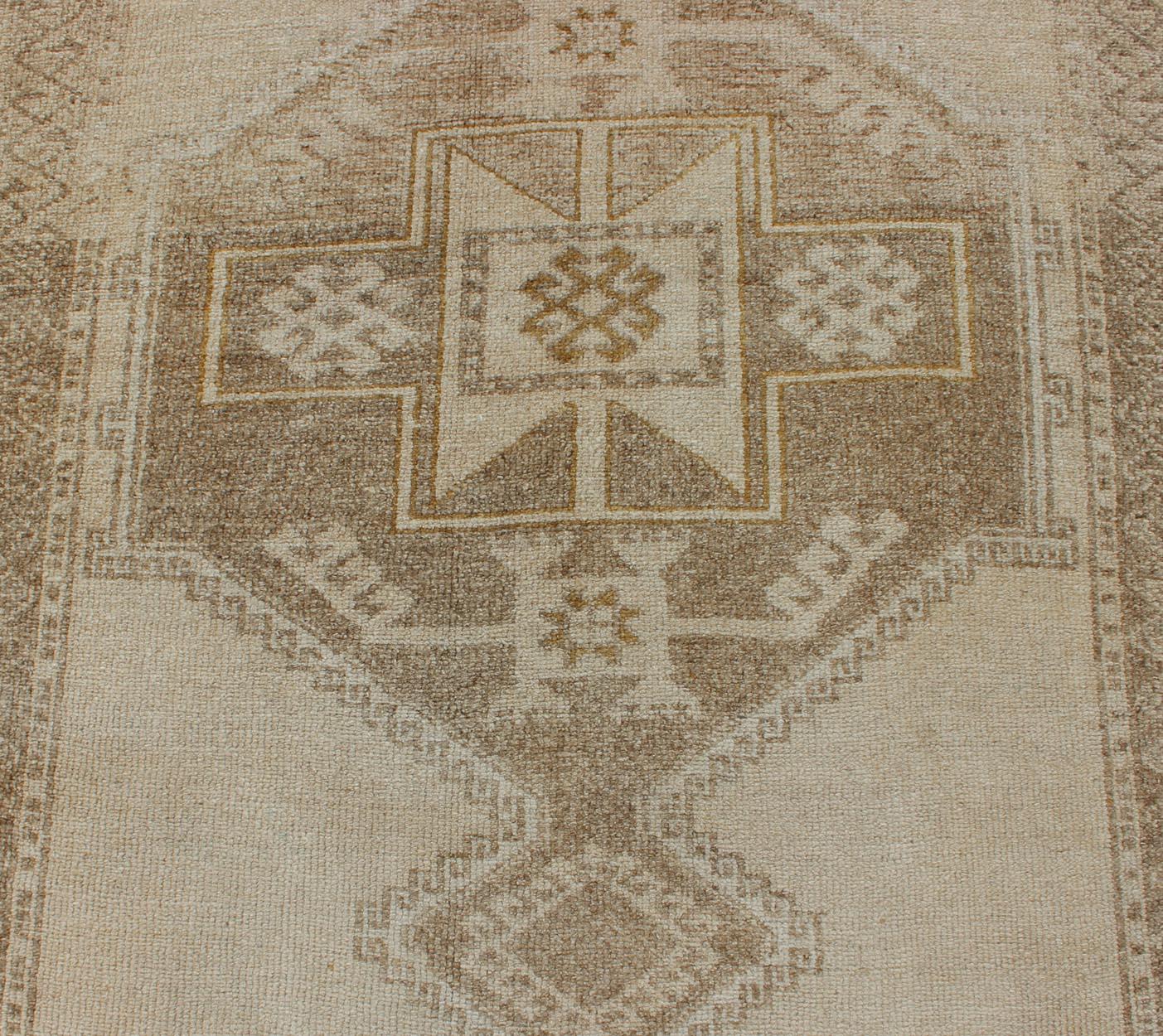 Wool Vintage Oushak Gallery Runner with Three Medallion Design in Taupe, Light Brown For Sale