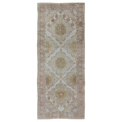 Vintage Oushak Gallery Runner with Three Medallion Design in Taupe, Light Green