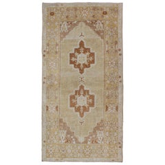 Vintage Oushak Gallery Runner with Three Medallion Design in Taupe, Light Green