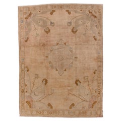 Retro Oushak in Abrashed Beige with Spacious Field and Flower Design