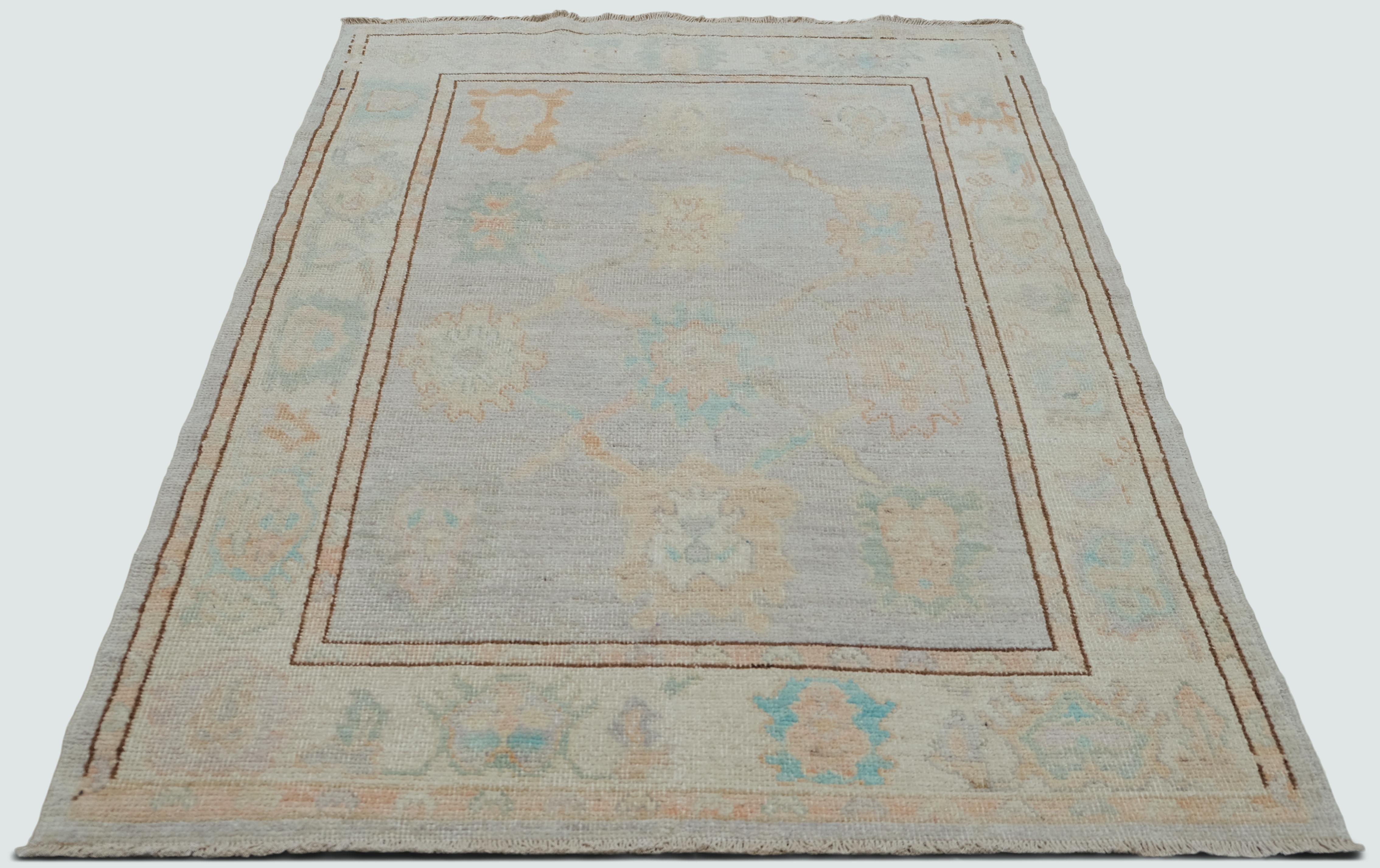 Hand-Knotted Vintage Oushak Inspired Blue Green Floral Motif Wool Rug 4'2''x6'3'' For Sale