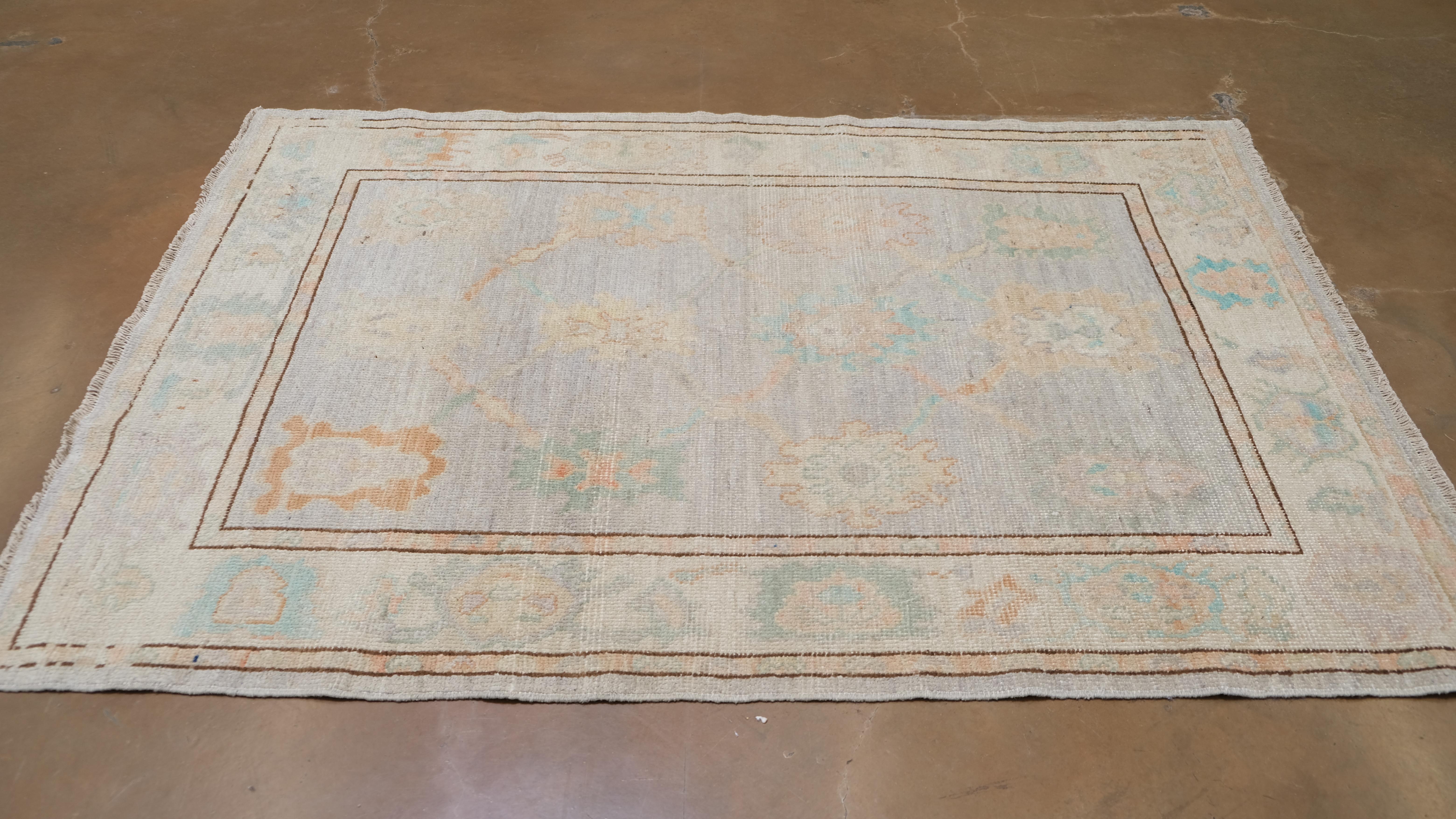 Vintage Oushak Inspired Blue Green Floral Motif Wool Rug 4'2''x6'3'' For Sale 1
