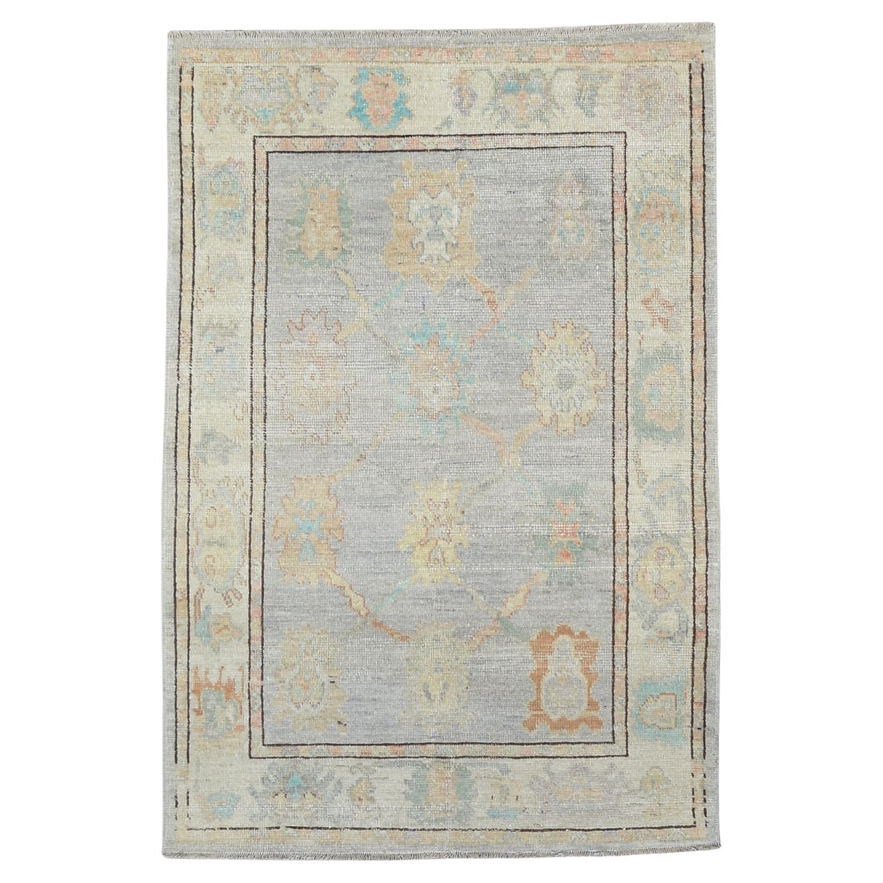Vintage Oushak Inspired Blue Green Floral Motif Wool Rug 4'2''x6'3'' For Sale