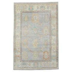 Vintage Oushak Inspired Blue Green Floral Motif Wool Rug 4'2''x6'3''