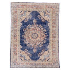 Antique Oushak Midnight Blue Distressed Orange and Faded Peach