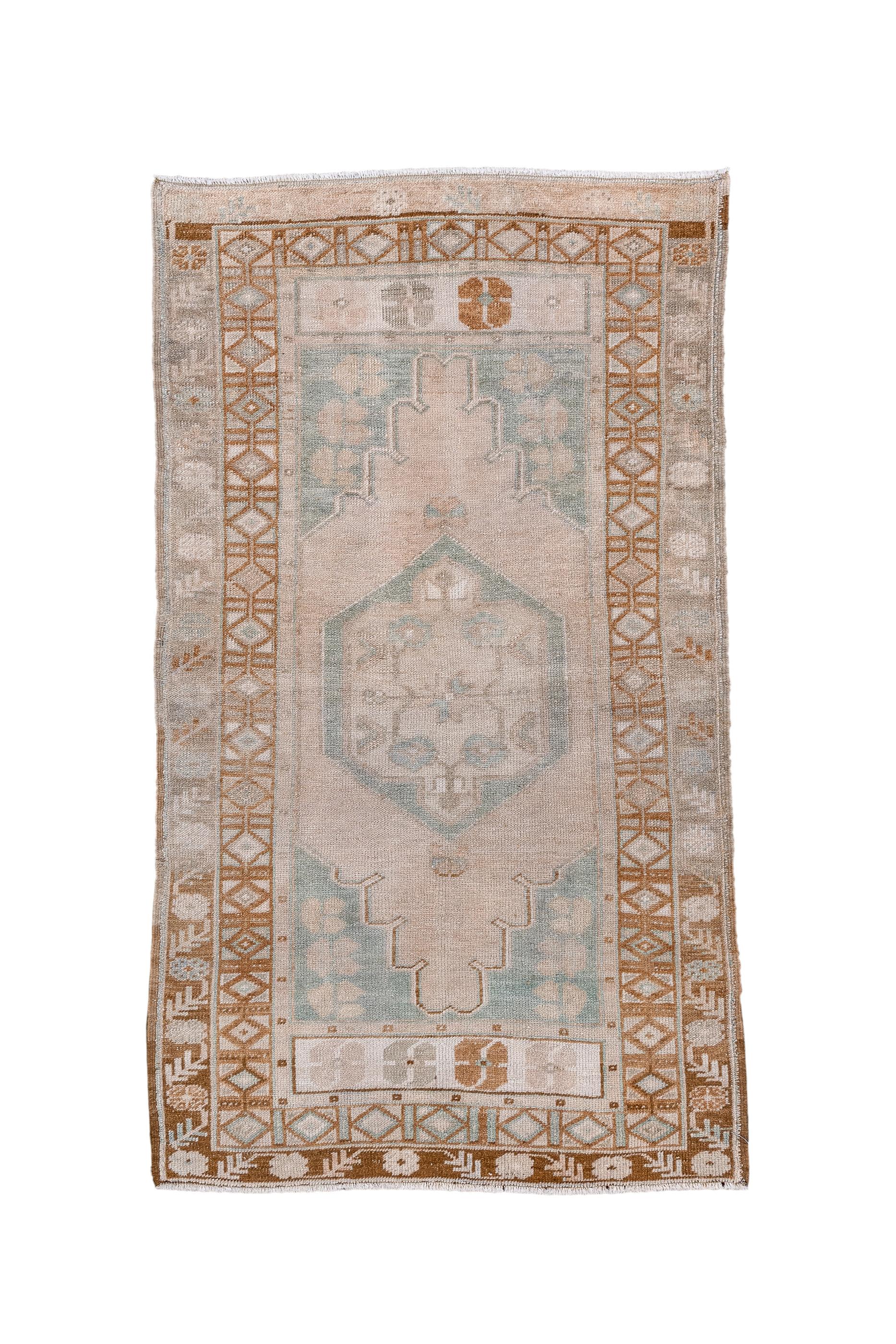 With a softened overall palette, this Anatolian village scatter shows   a very light rust field hosting  shaped corners and a tonally en suite hexagonal medallion enclosing flowers and rosettes. Sienna border outlines rectangles and inner lozenges.