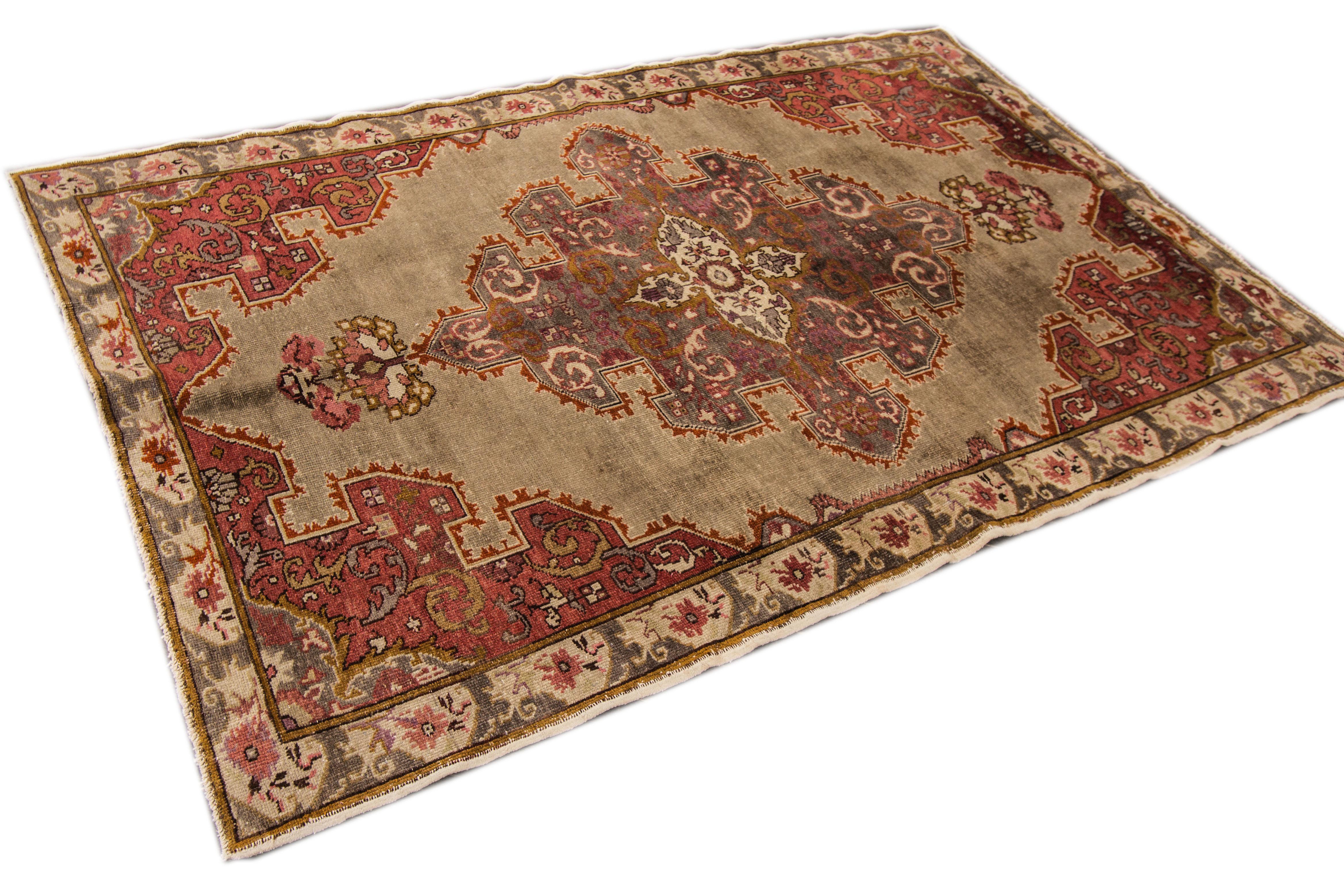 Hand-Knotted Brown Vintage Handmade Oushak Wool Rug With Medallion Motif For Sale