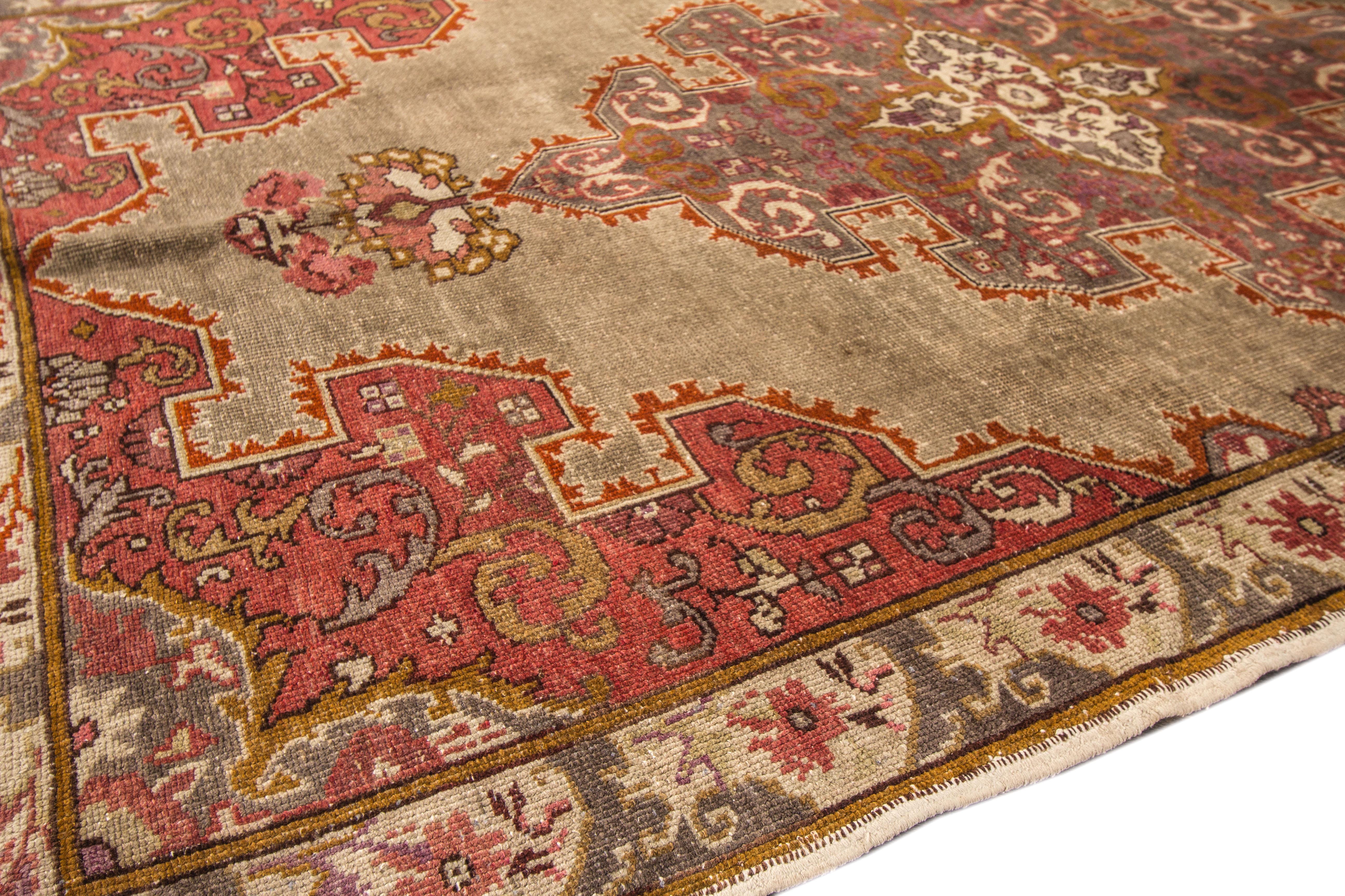 20th Century Brown Vintage Handmade Oushak Wool Rug With Medallion Motif For Sale