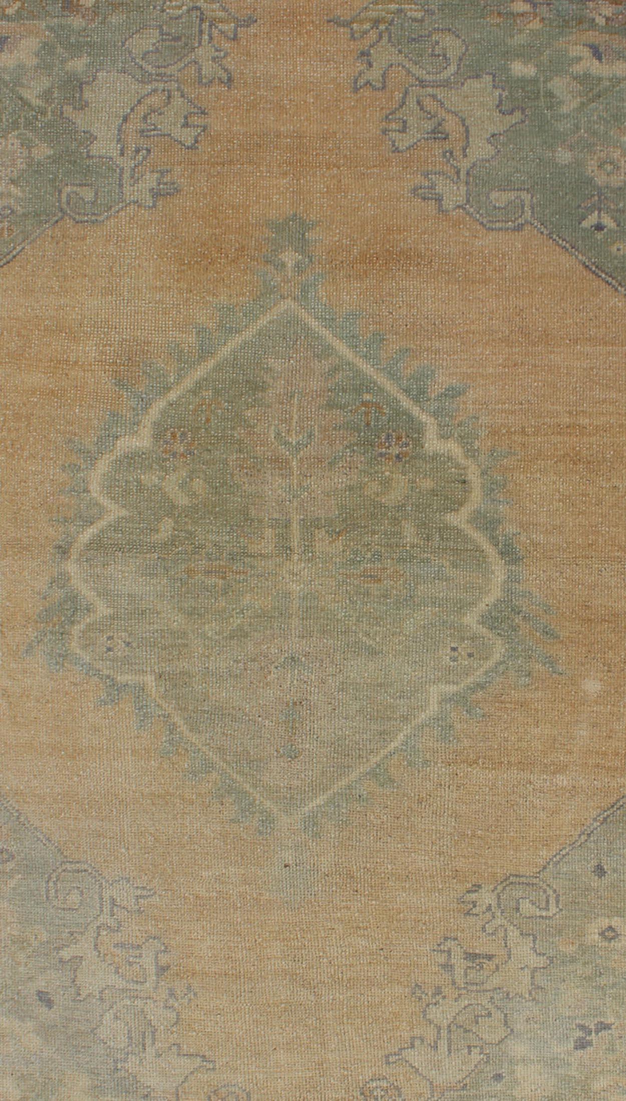 Hand-Knotted Vintage Oushak Rug from Turkey with Medallion Design in Green & Amber For Sale