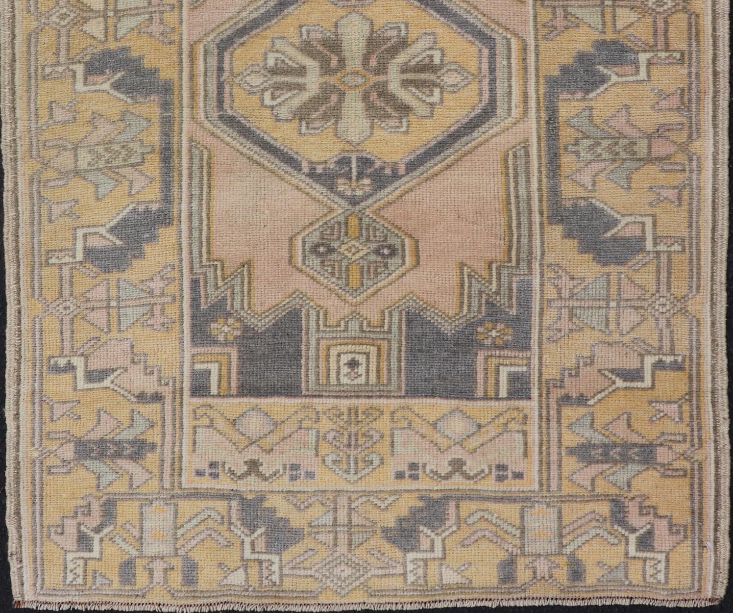 Vintage Oushak Rug from Turkey with Medallion Design in Yellow, Pink, Grey Blue For Sale 1