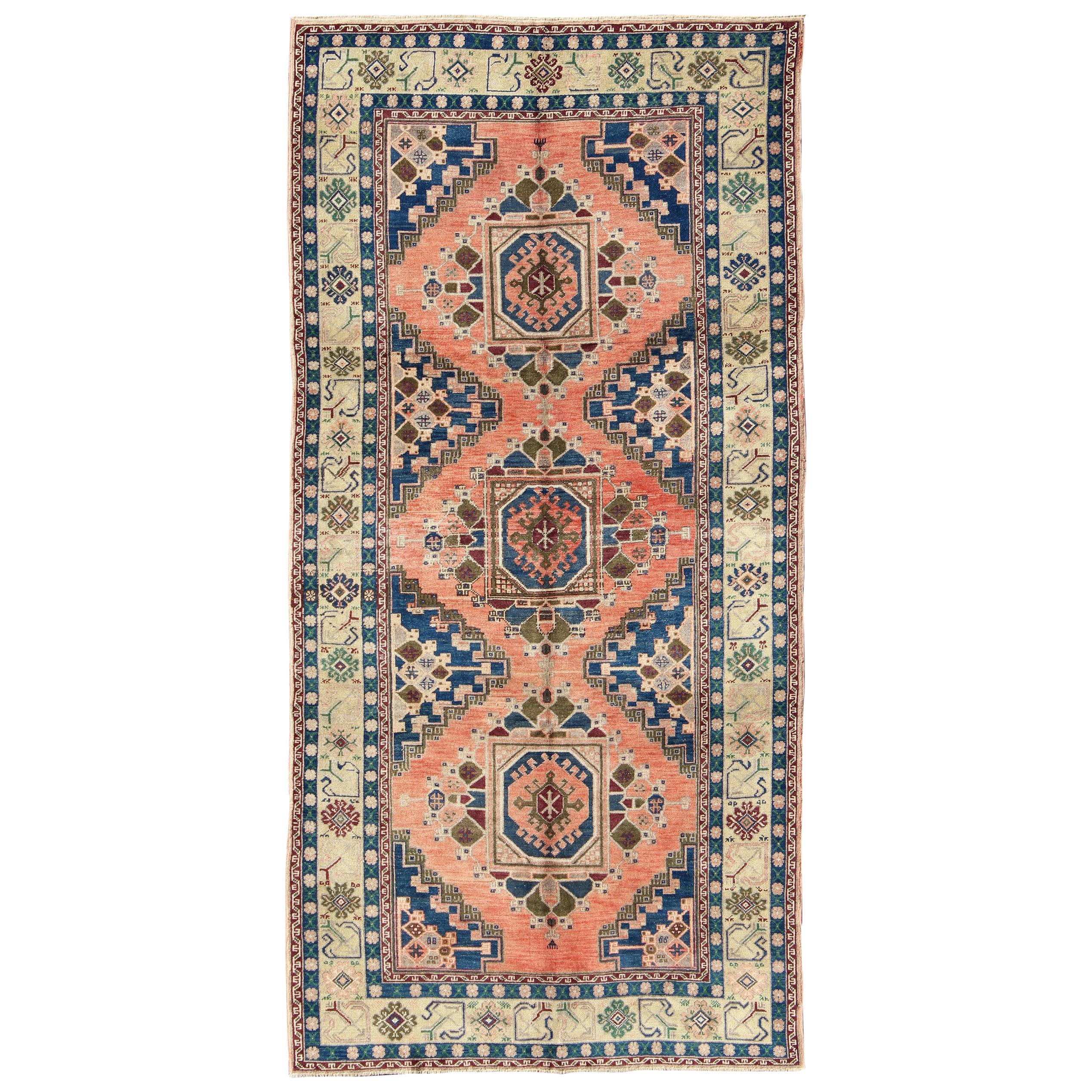 Vintage Oushak Rug from Turkey with Medallions in Salmon Pink and Blue