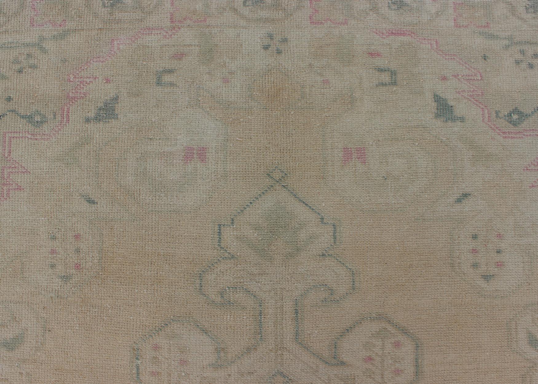 Vintage Oushak Rug from Turkey with Muted Colors and Floral Medallion For Sale 1
