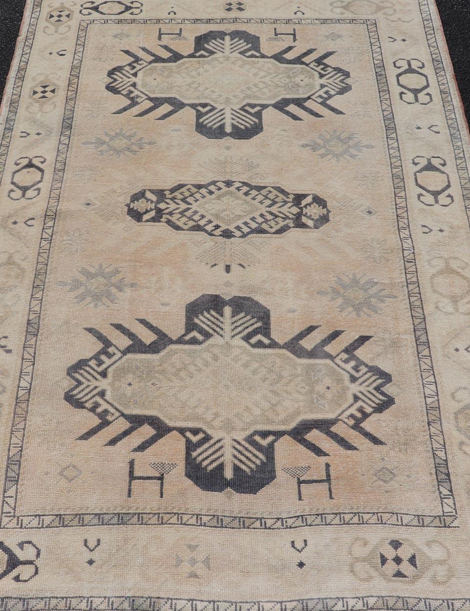 Wool Vintage Oushak Rug from Turkey with Navy Blue and Floral Medallion's For Sale