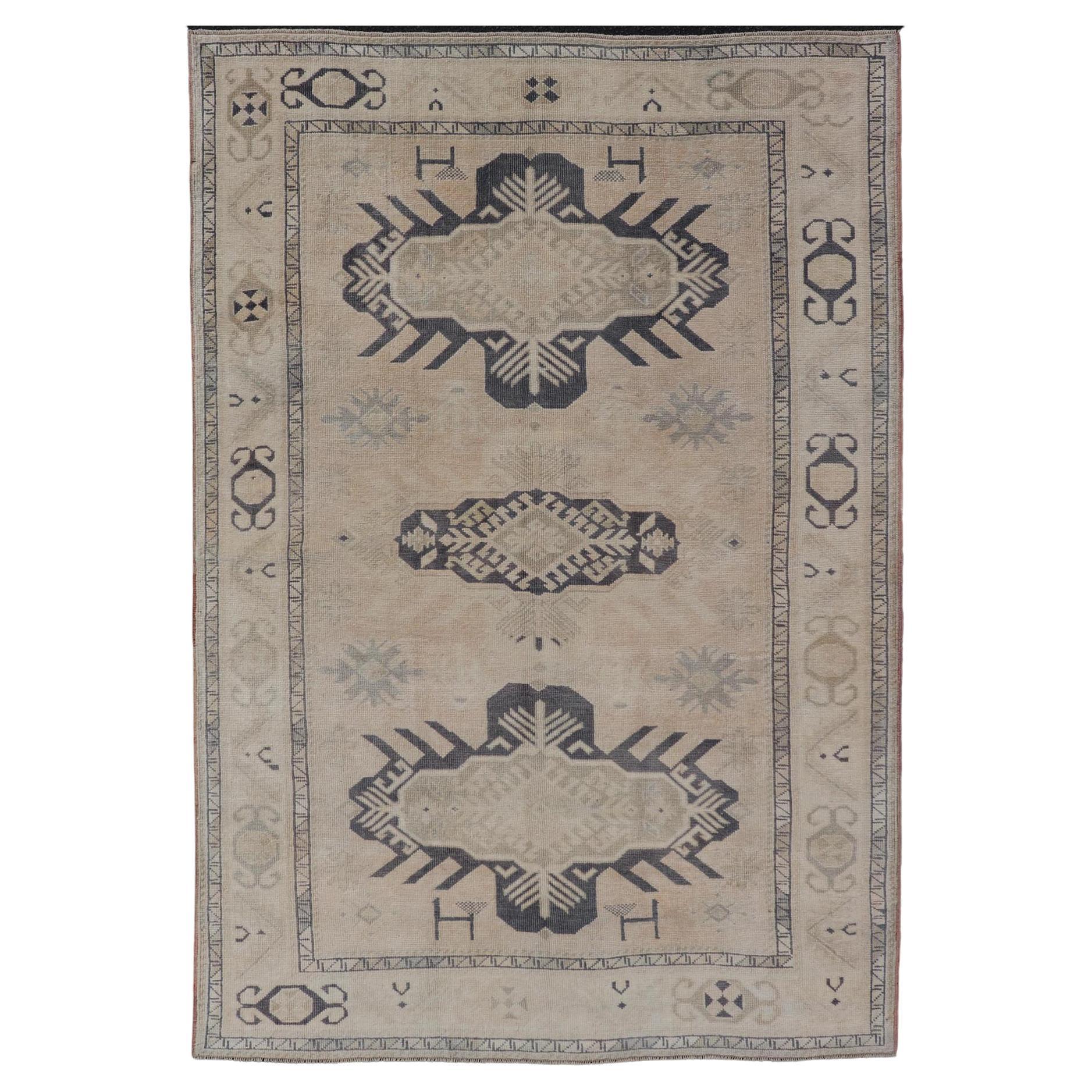 Vintage Oushak Rug from Turkey with Navy Blue and Floral Medallion's For Sale