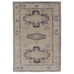 Retro Oushak Rug from Turkey with Navy Blue and Floral Medallion's