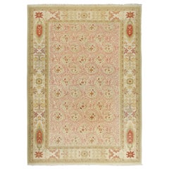 Vintage Oushak Rug in Bright Cream Field and Pink Paisley Florals