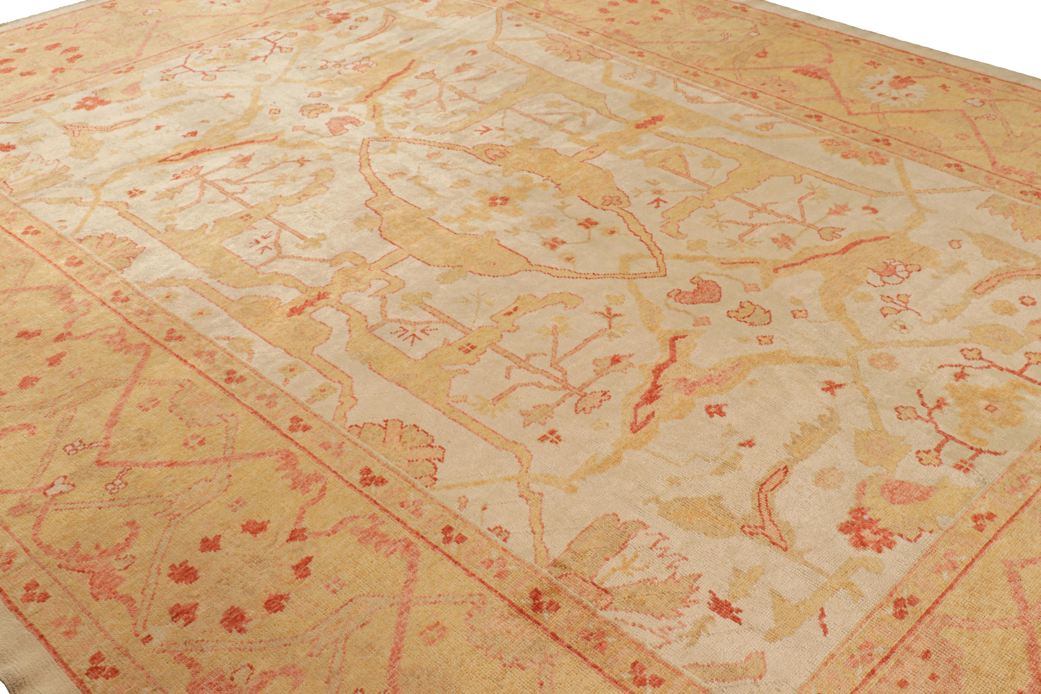 Made with hand-knotted wool and originating from Turkey circa 1950-60, this 10x13 vintage Oushak rug is a regal find in Oushak rugs of its period—an intricate exemplar of the legendary style, among Rug & Kilim’s most exciting curations of