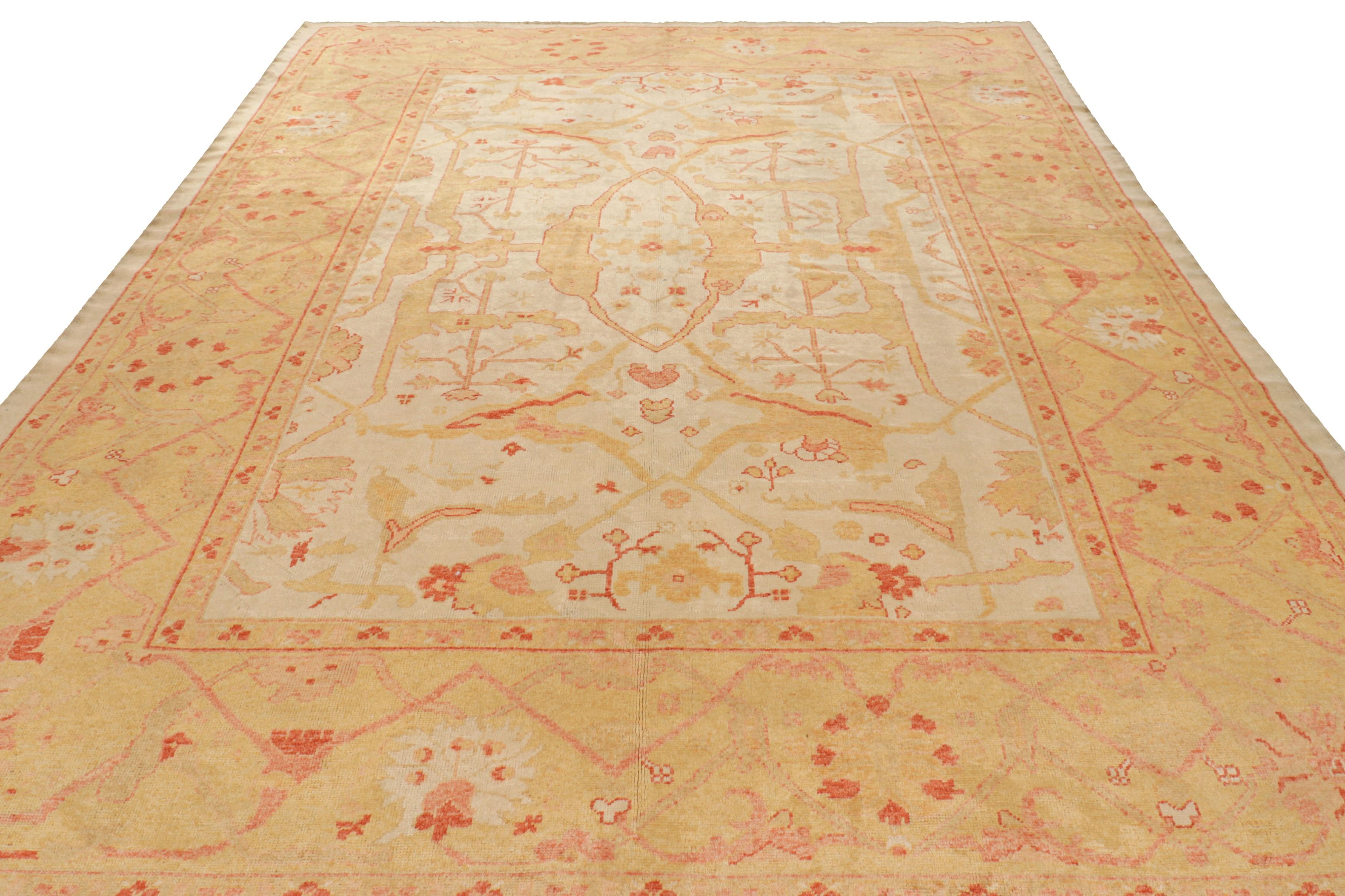 Hand-Knotted Vintage Oushak Rug in Gold & Orange with Floral Patterns - Rug & Kilim For Sale