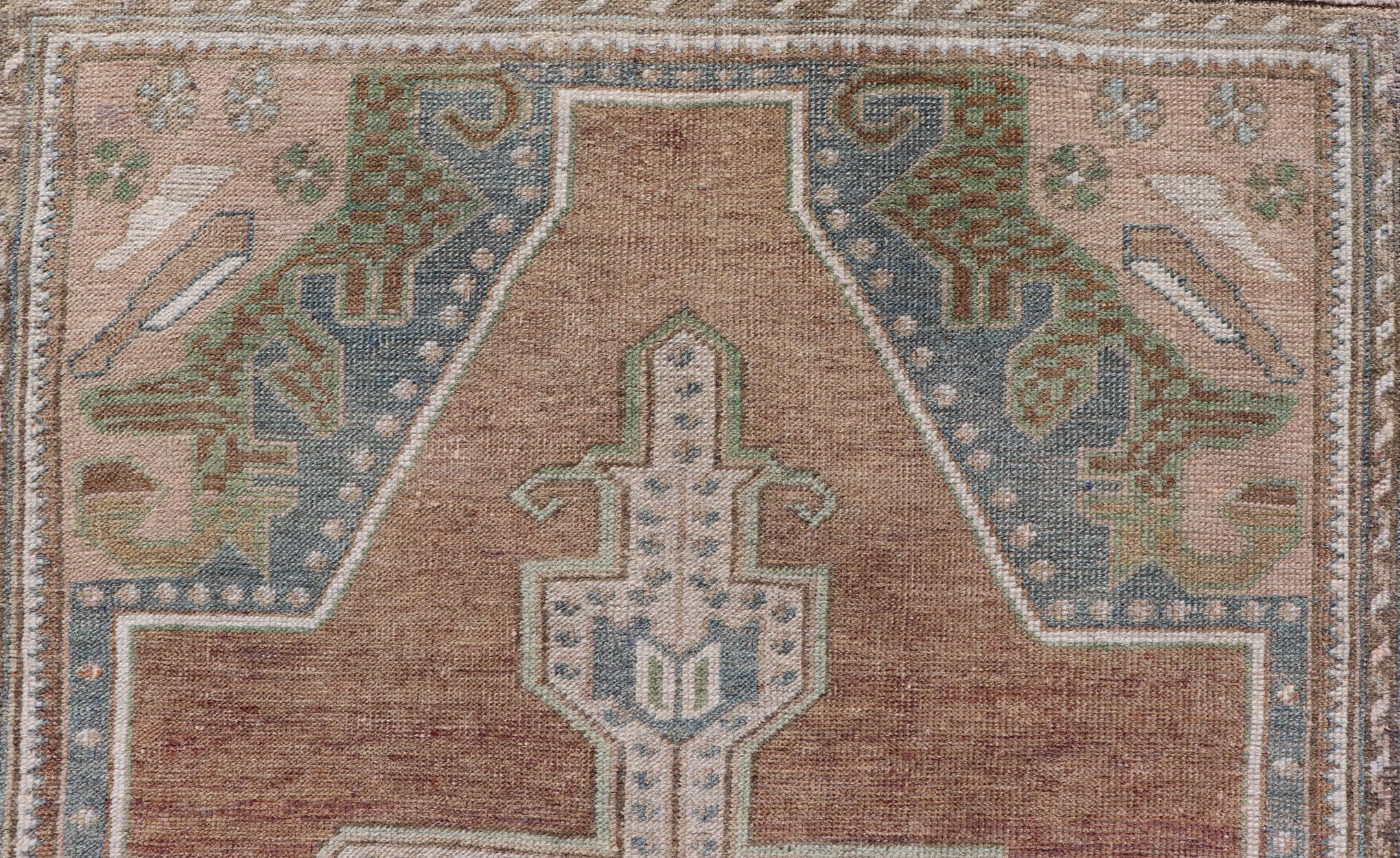 Vintage Oushak Rug in Light Brown Background and Cream, and Light Blue For Sale 3