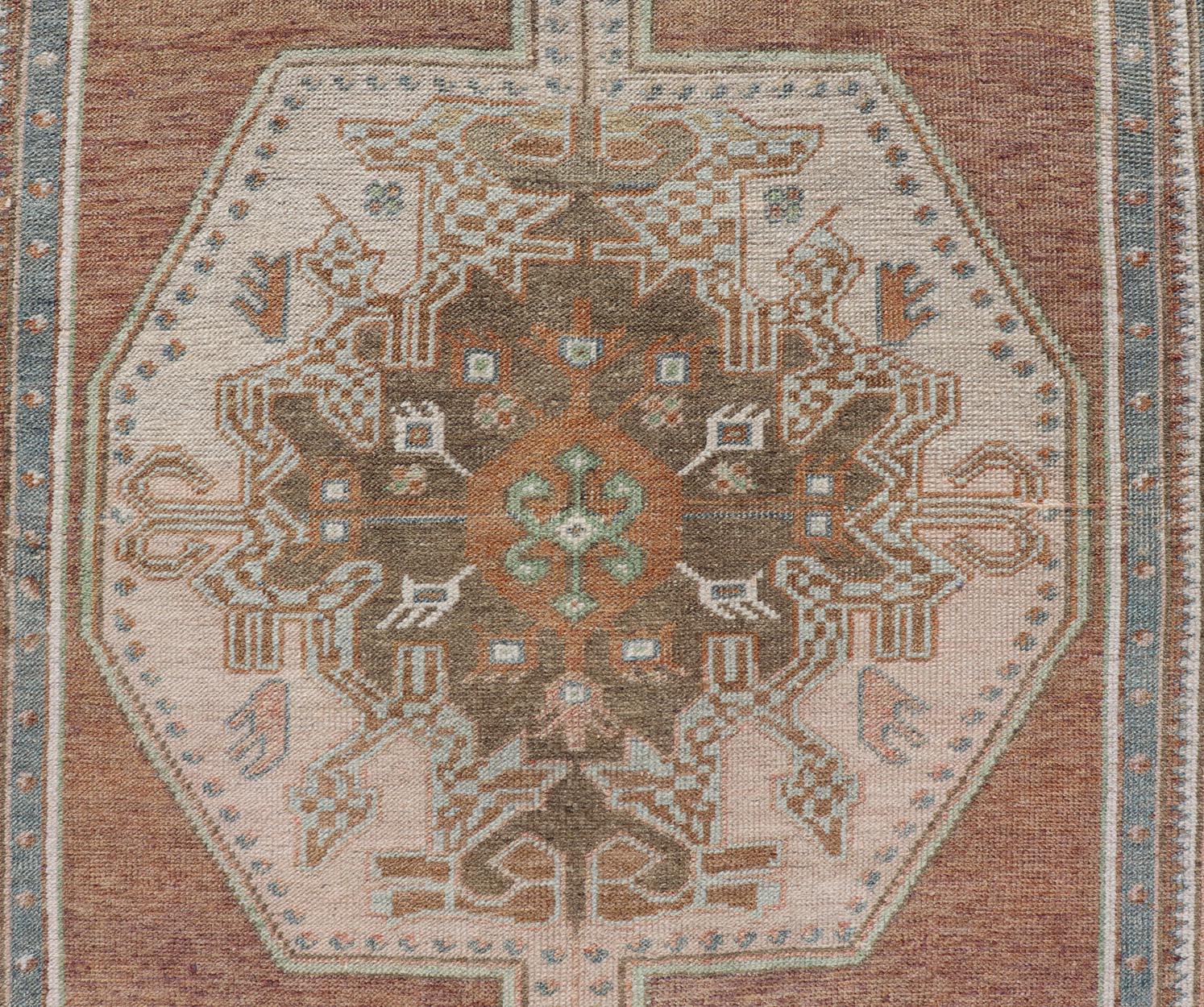 Turkish Vintage Oushak Rug in Light Brown Background and Cream, and Light Blue For Sale