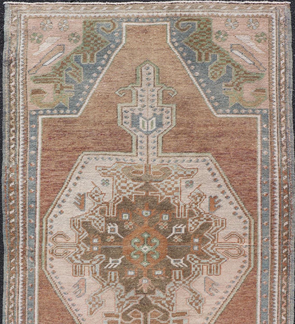 Hand-Knotted Vintage Oushak Rug in Light Brown Background and Cream, and Light Blue For Sale