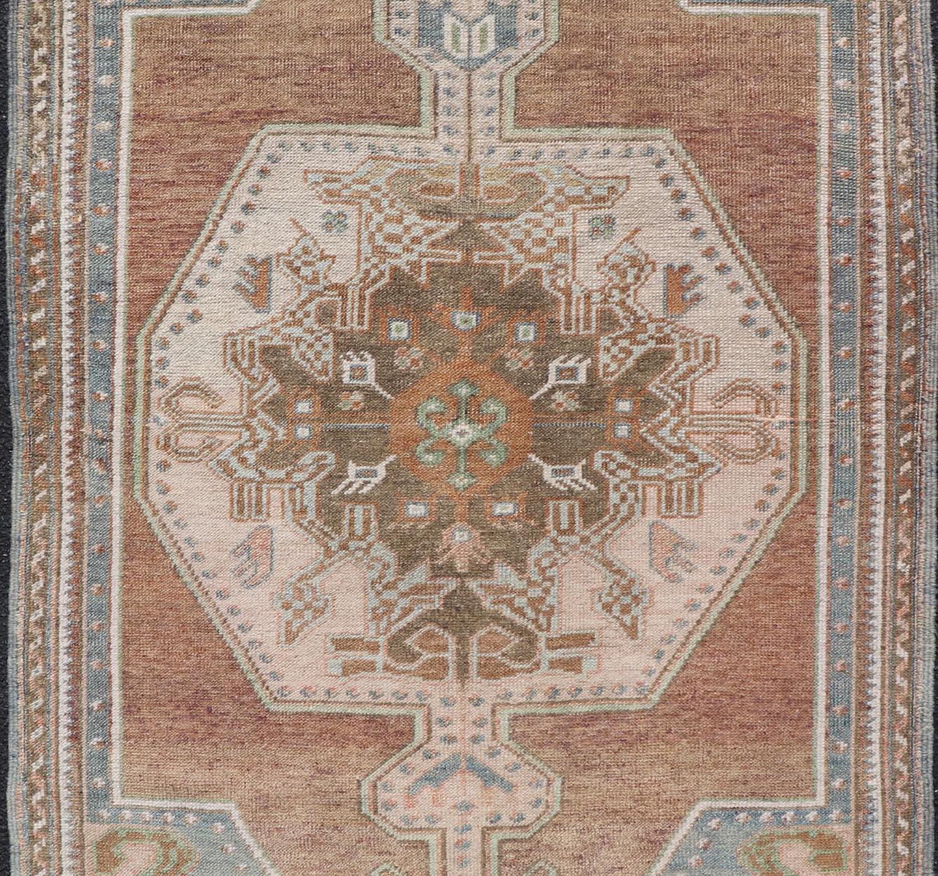 Vintage Oushak Rug in Light Brown Background and Cream, and Light Blue In Good Condition For Sale In Atlanta, GA
