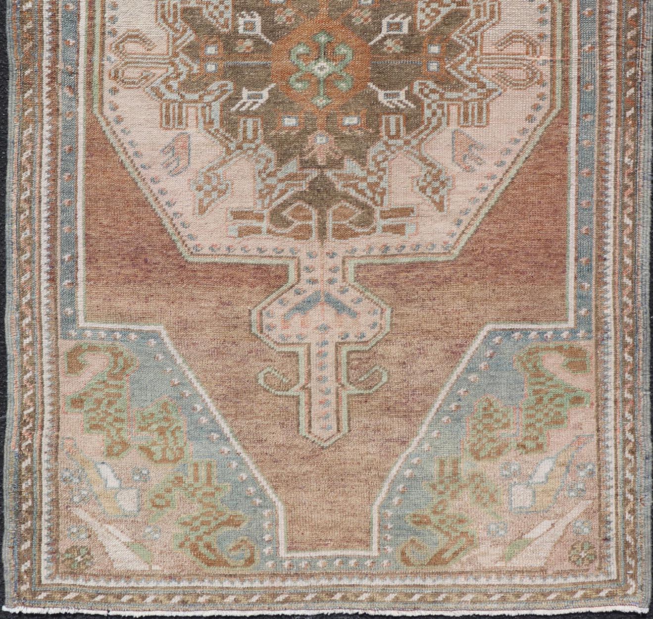 20th Century Vintage Oushak Rug in Light Brown Background and Cream, and Light Blue For Sale