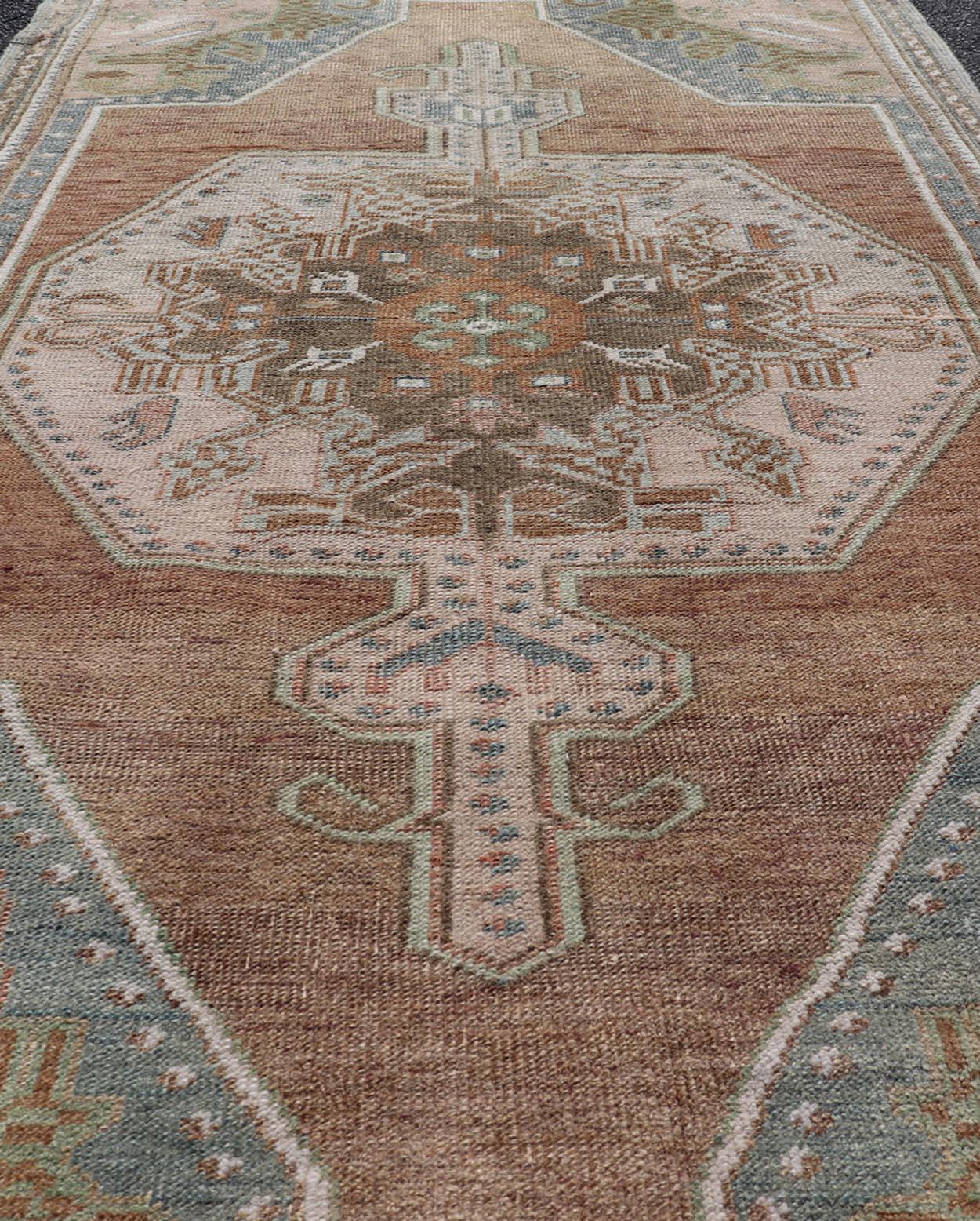 Vintage Oushak Rug in Light Brown Background and Cream, and Light Blue For Sale 1