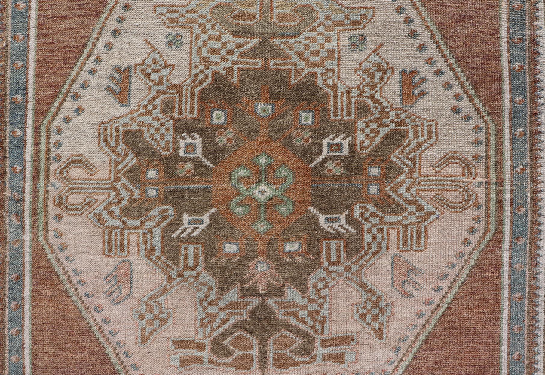 Vintage Oushak Rug in Light Brown Background and Cream, and Light Blue For Sale 2