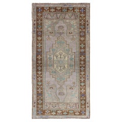Retro Oushak Rug in Light Lavender Background and Chocolate Brown Border