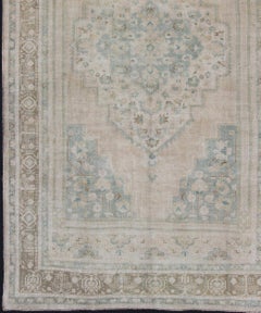 Vintage Oushak Rug in Muted Taupe, Sea Foam Green, Blush and Light Brown
