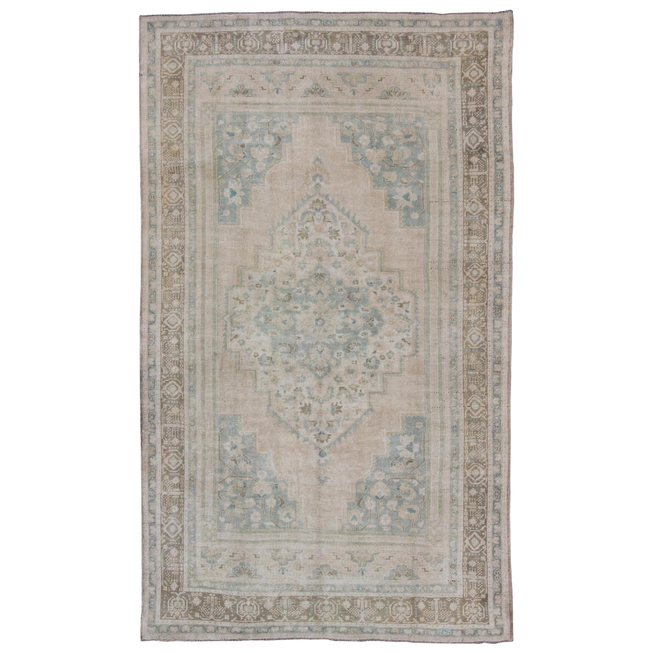 Vintage Oushak Rug in Muted Taupe, Sea Foam Green, Blush and Light Brown