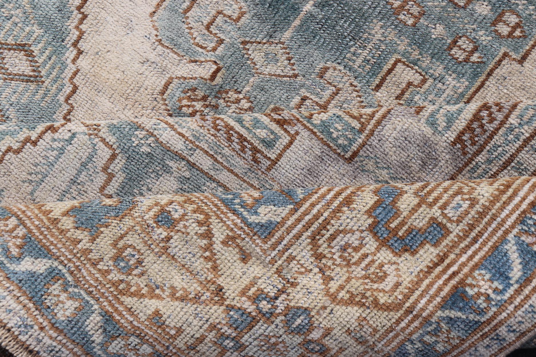 Vintage Oushak Rug in Muted Taupe, Soft Blue, Tan and Light Brown For Sale 3