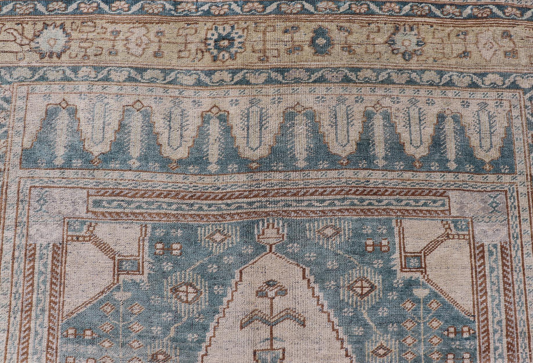 Turkish Vintage Oushak Rug in Muted Taupe, Soft Blue, Tan and Light Brown For Sale