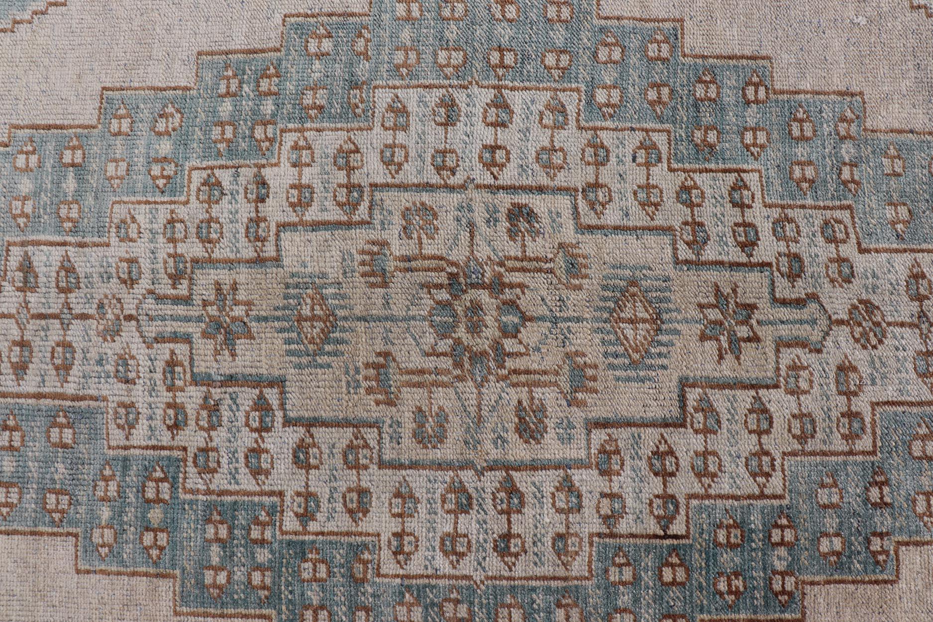 Vintage Oushak Rug in Muted Taupe, Soft Blue, Tan and Light Brown In Good Condition For Sale In Atlanta, GA