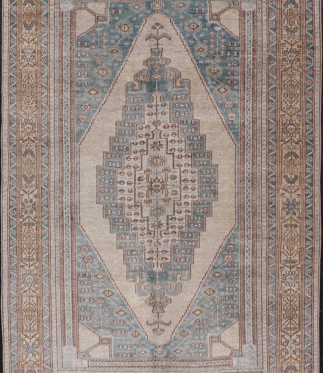 20th Century Vintage Oushak Rug in Muted Taupe, Soft Blue, Tan and Light Brown For Sale