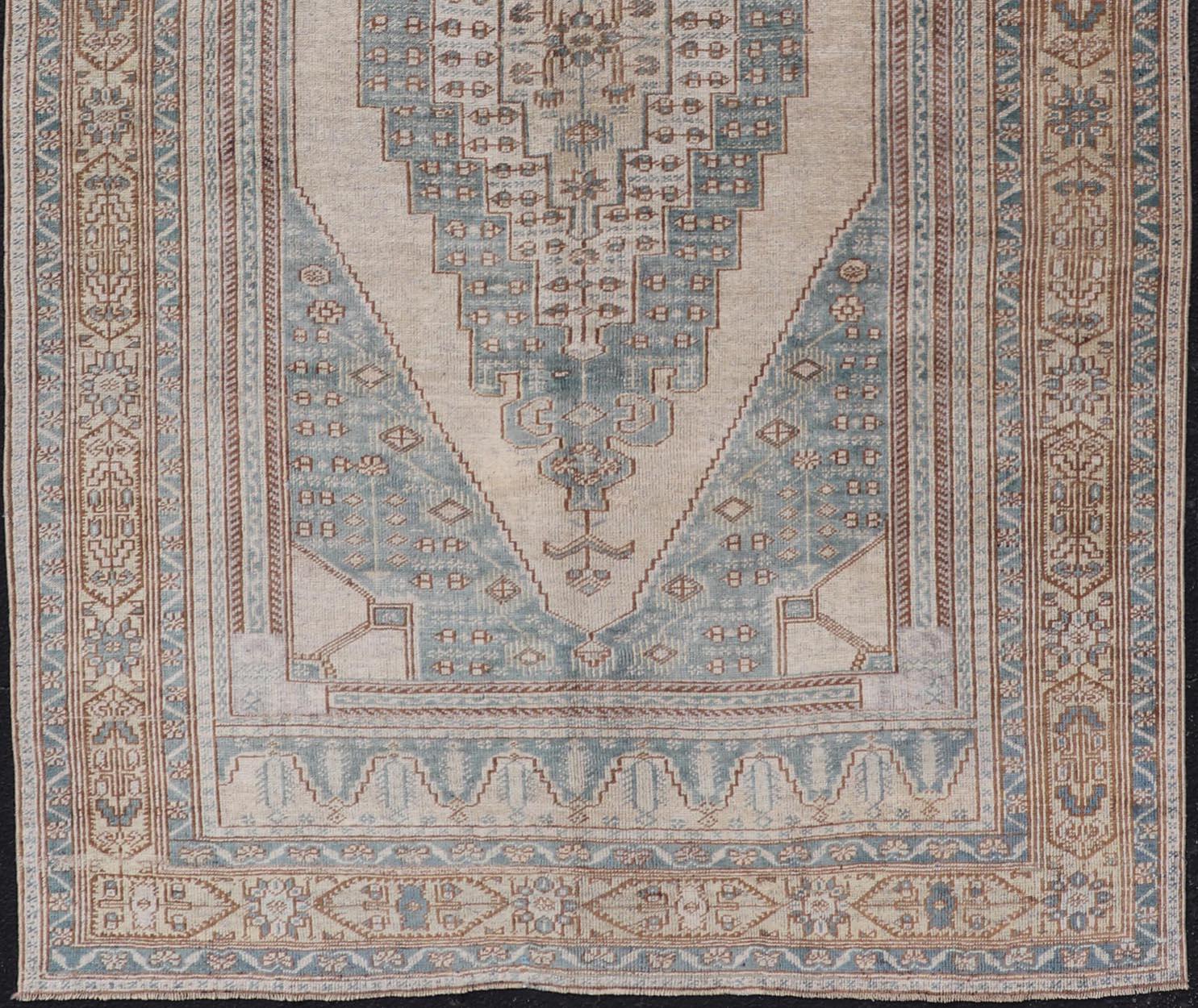 Wool Vintage Oushak Rug in Muted Taupe, Soft Blue, Tan and Light Brown For Sale