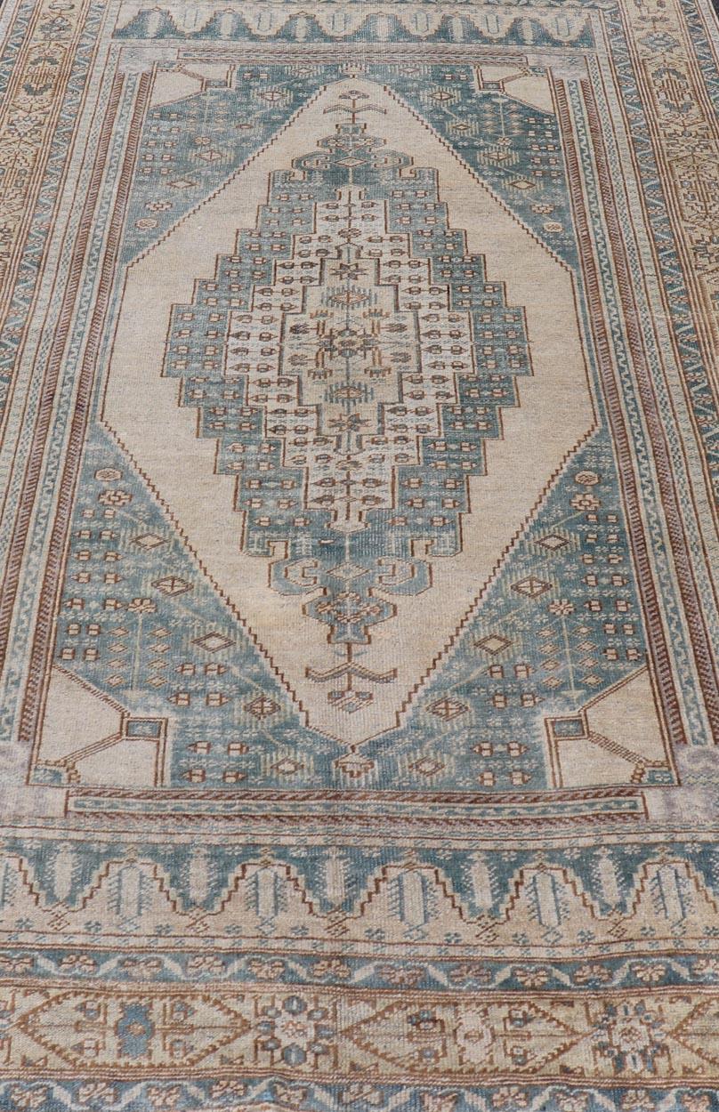 Vintage Oushak Rug in Muted Taupe, Soft Blue, Tan and Light Brown For Sale 1