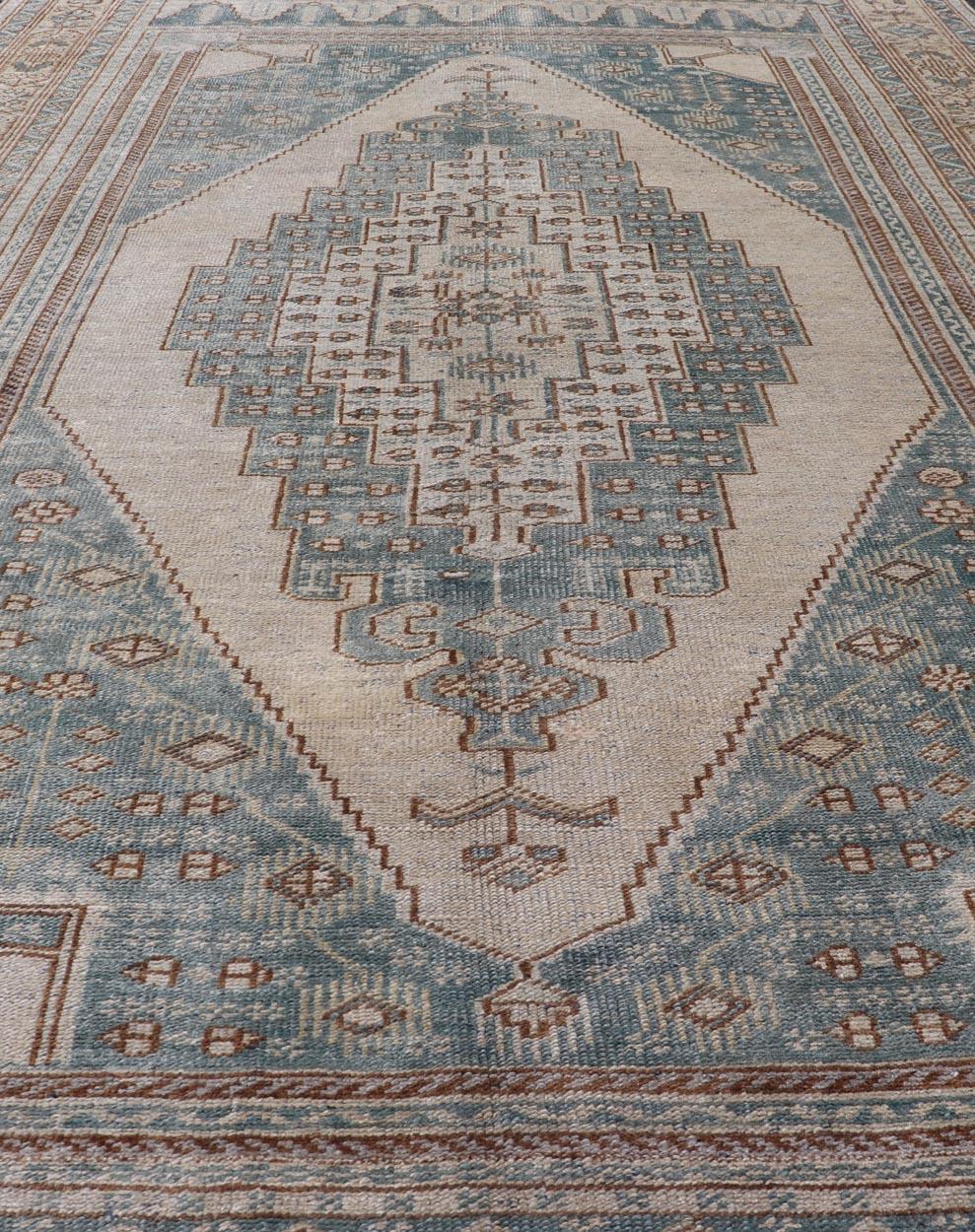 Vintage Oushak Rug in Muted Taupe, Soft Blue, Tan and Light Brown For Sale 2