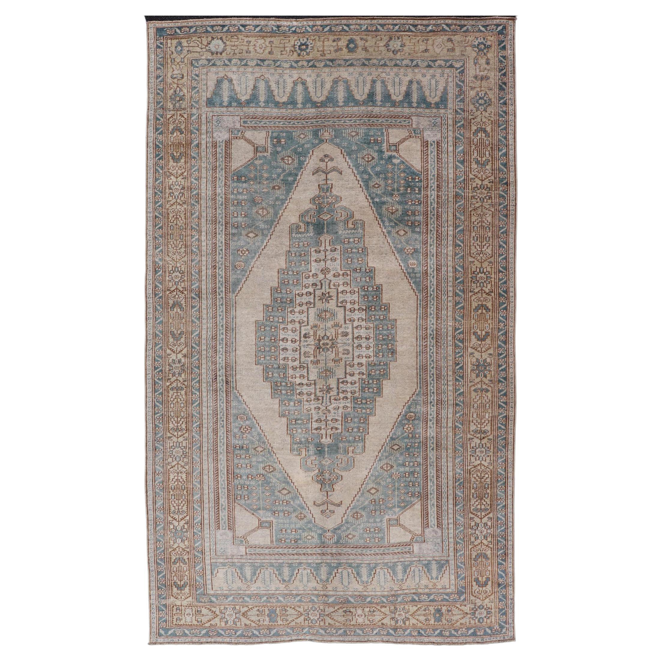 Vintage Oushak Rug in Muted Taupe, Soft Blue, Tan and Light Brown For Sale