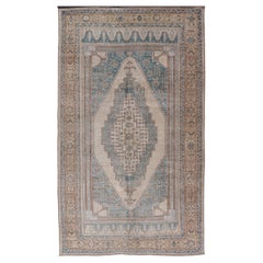 Vintage Oushak Rug in Muted Taupe, Soft Blue, Tan and Light Brown