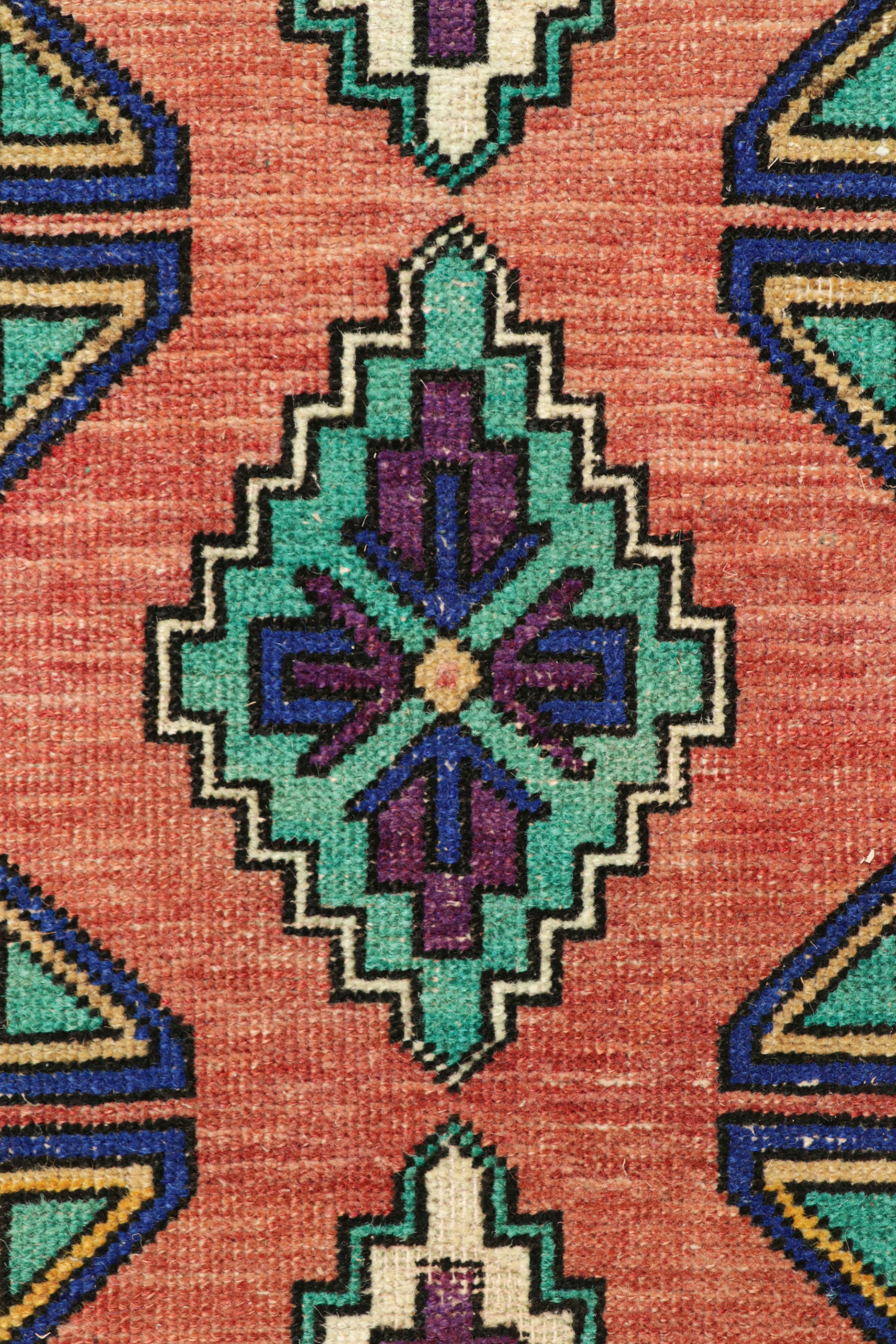 Turkish Vintage Oushak Rug in Pink & Blue, with Geometric Medallions, from Rug & Kilim For Sale
