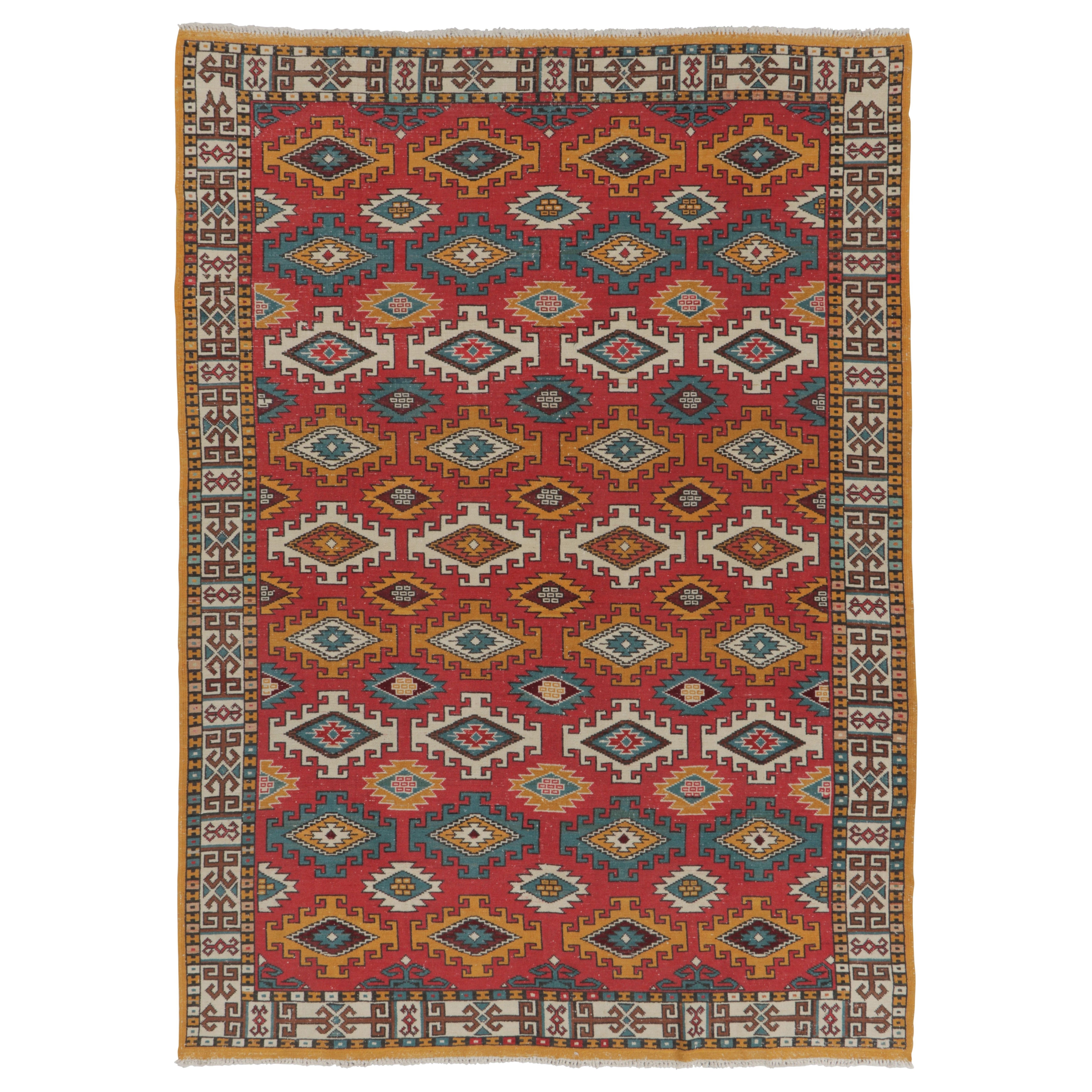 Vintage Oushak Rug in Red with Bold, Colorful Geometric Patterns - Rug & Kilim