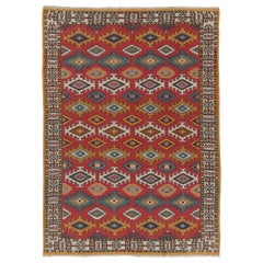 Vintage Oushak Rug in Red with Bold, Colorful Geometric Patterns - Rug & Kilim