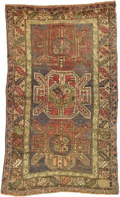 Retro Turkish Oushak Rug with Tribal Style and Amulet Pattern