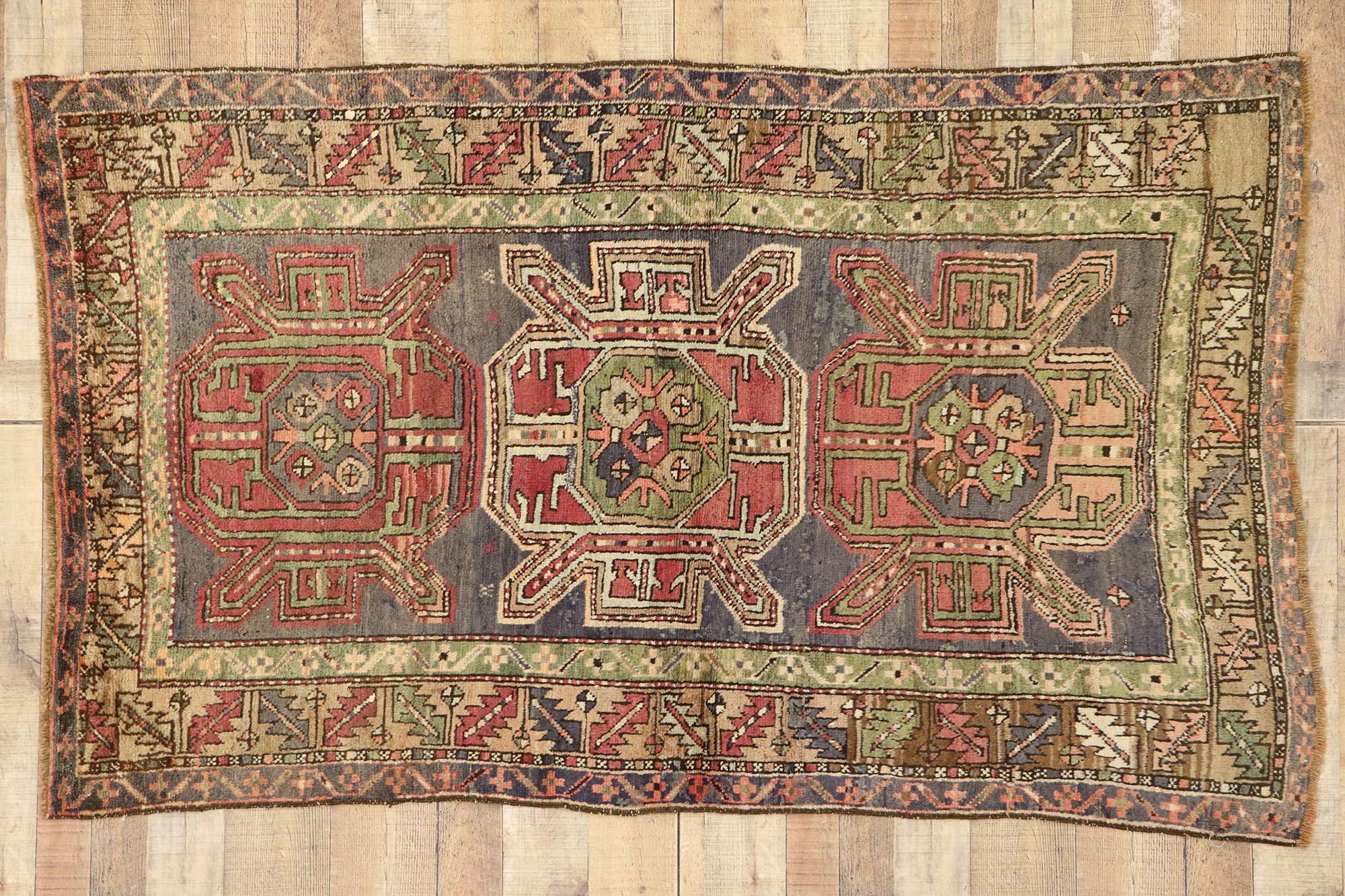 Wool Vintage Turkish Oushak Rug with Tribal Style and Amulet Pattern For Sale