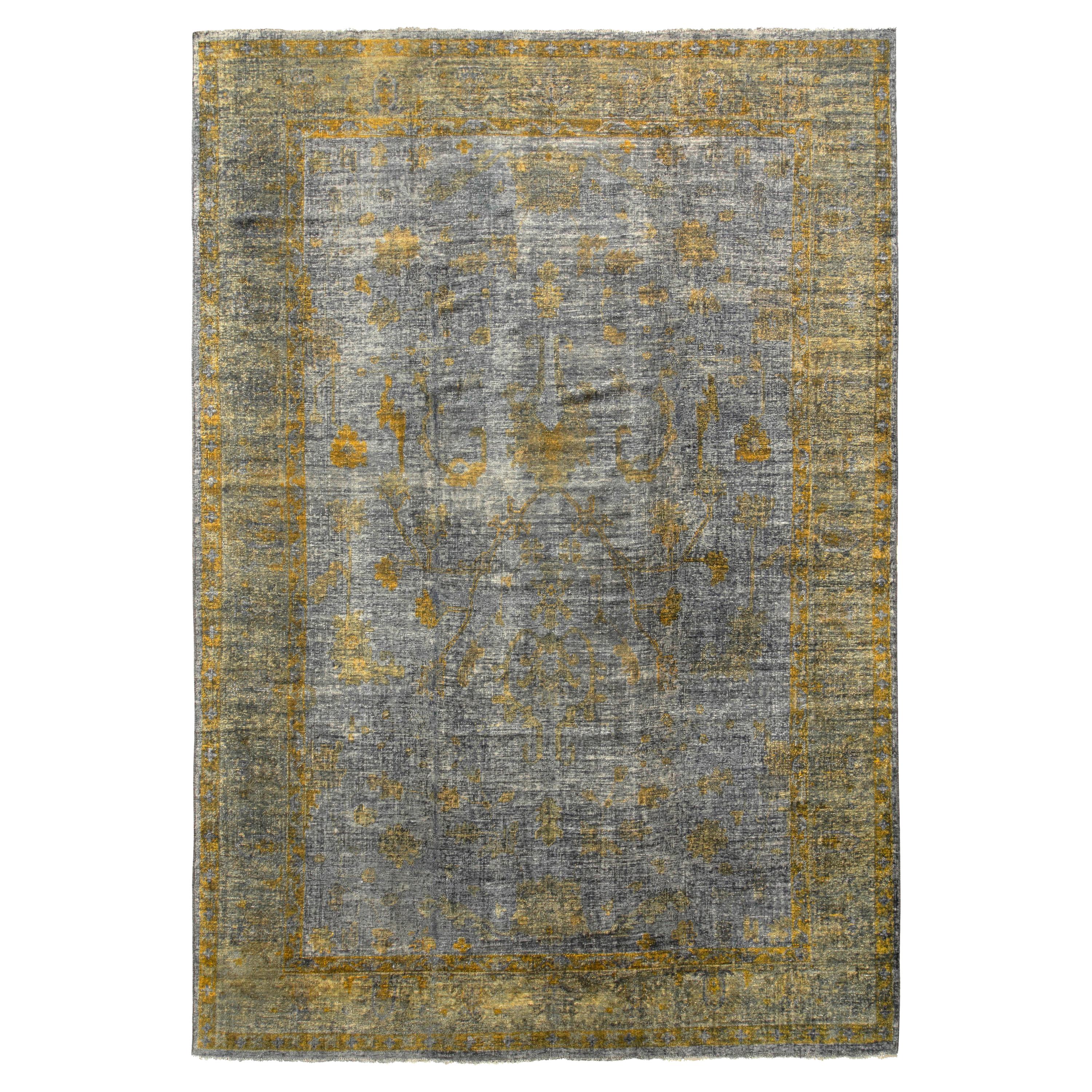 Modern Oushak Handmade Geometric Floral Blue Oversize Wool Rug For Sale