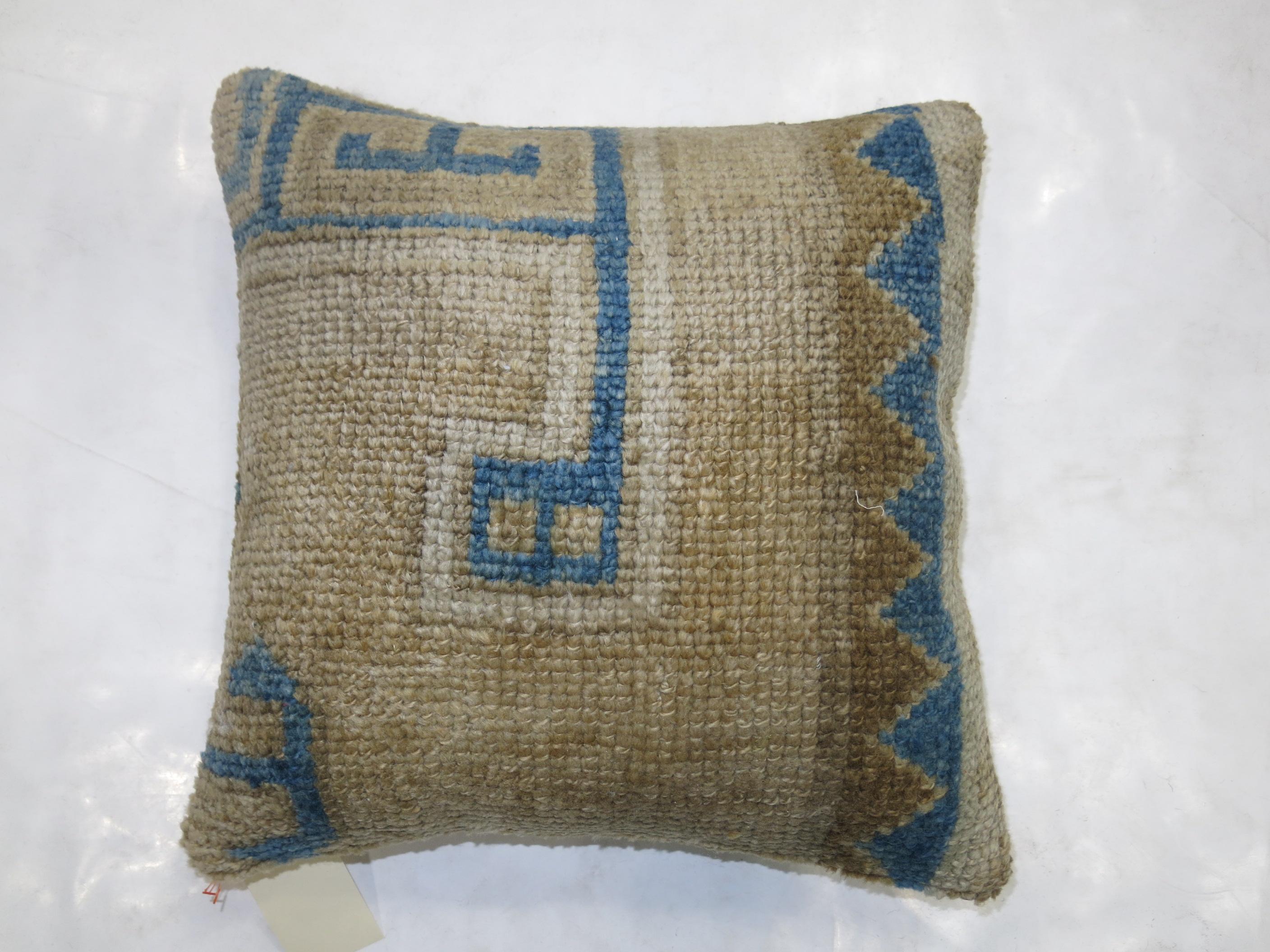Turkish Vintage Oushak Rug Pillow in Blue and Beige